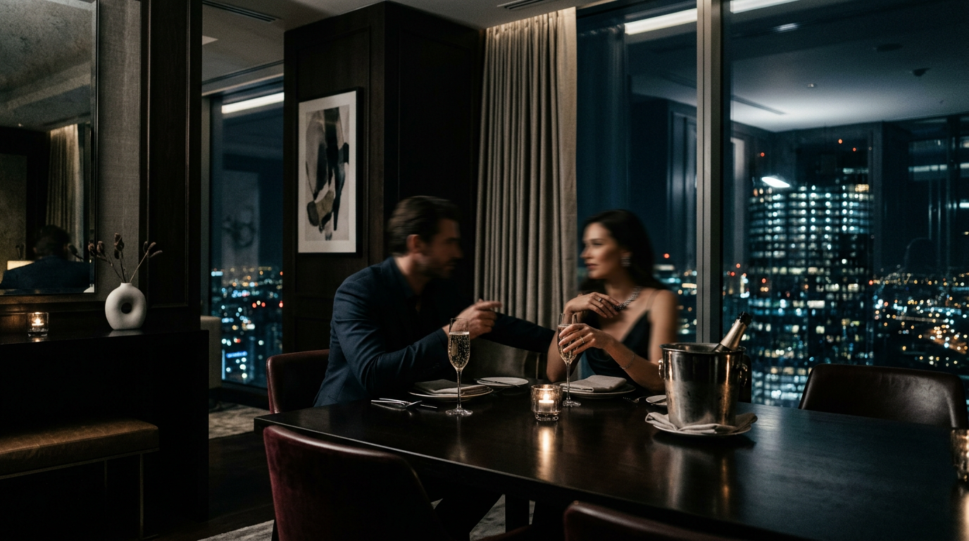 Elegant silhouettes of two individuals dining in a luxurious private penthouse, city lights visible through a large window, exuding an atmosphere of discreet romance.