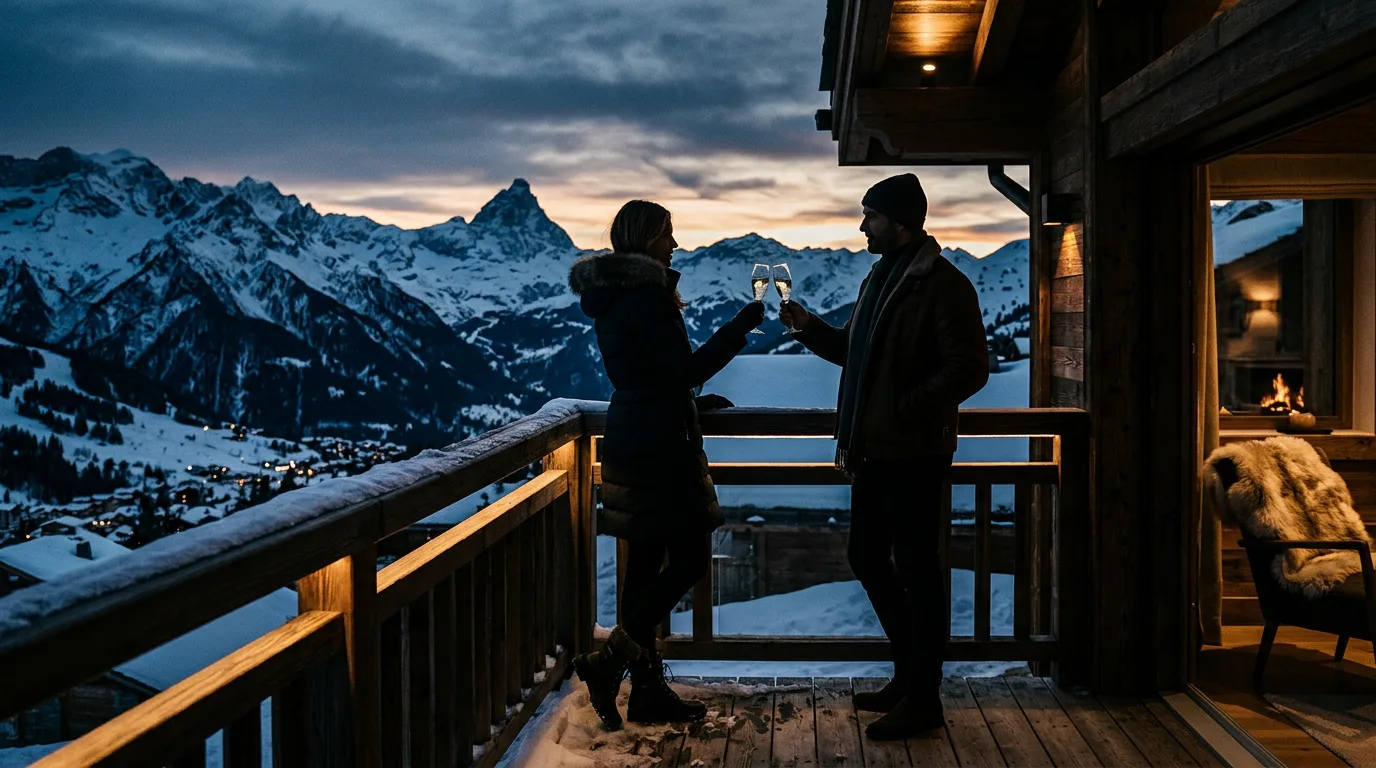 A sophisticated couple in silhouettes, enjoying champagne on a luxury ski chalet balcony at dusk, with a dramatic mountain backdrop.