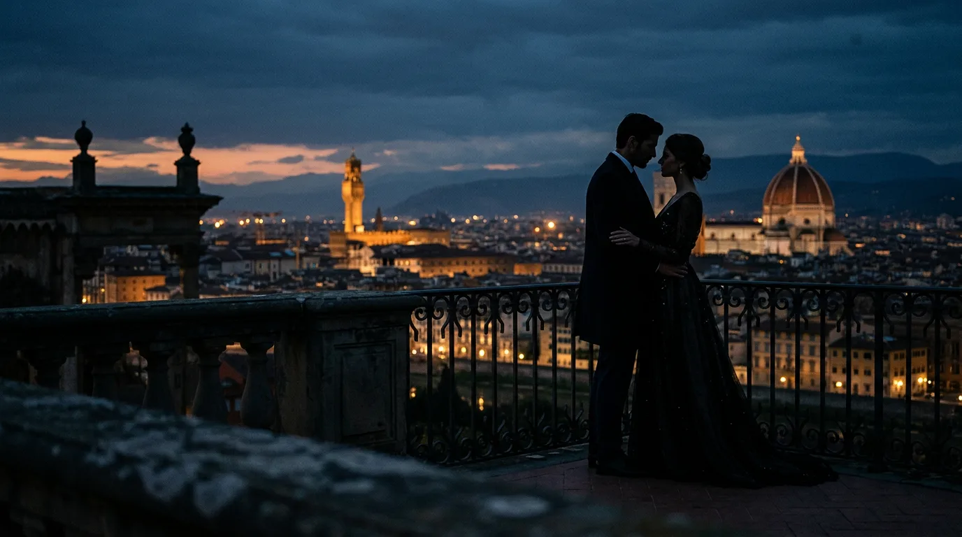 An elegantly dressed couple silhouetted against the blurred, romantic skyline of a European capital city at dusk, with soft, luxurious lighting.