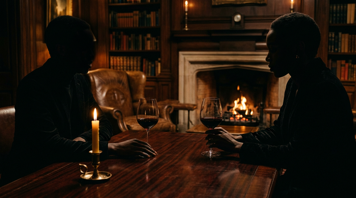 Two silhouetted figures engaged in conversation across a polished table in a dimly lit, opulent private club, bathed in a candlelit glow.