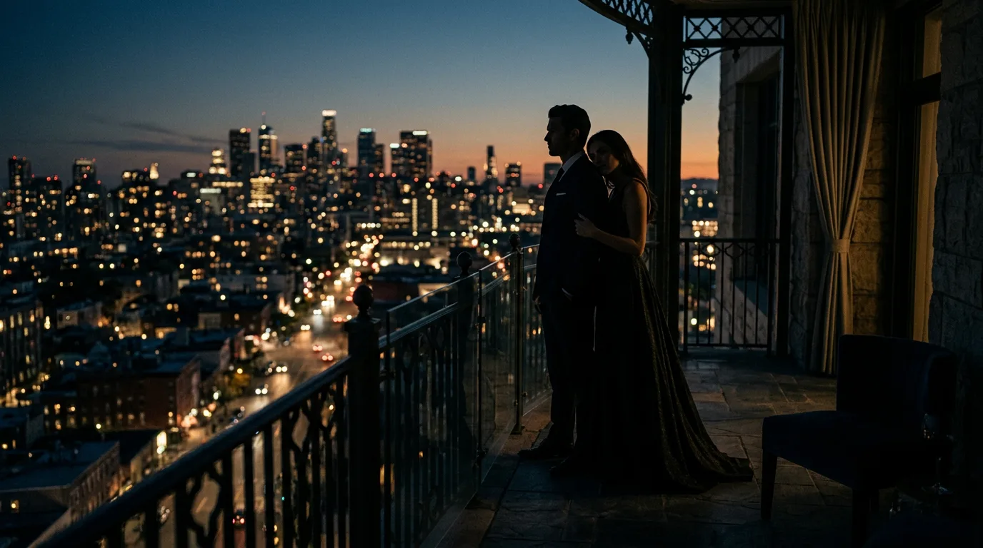 A silhouetted couple on a luxurious private balcony overlooking a softly lit cityscape, embodying discreet connection and intimacy in modern romance.