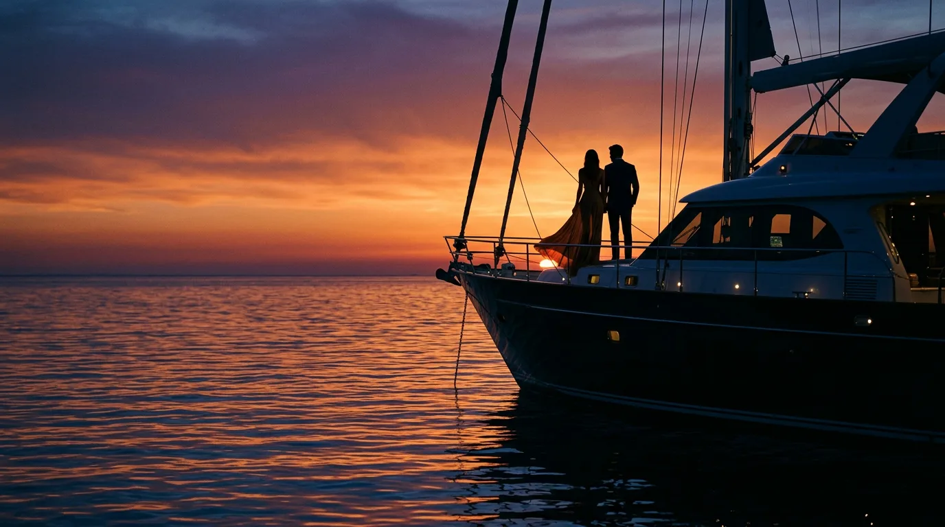 Silhouetted couple standing on the deck of a luxurious superyacht at sunset, reflecting the exclusivity of elite yacht dating.