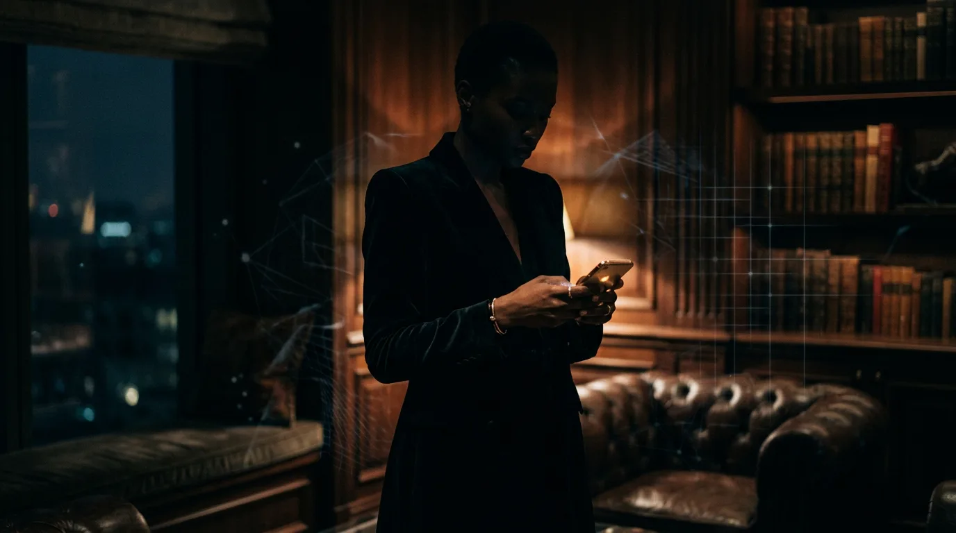 A silhouetted figure in a luxurious setting, subtly interacting with a smartphone, representing digital privacy and secure communication.