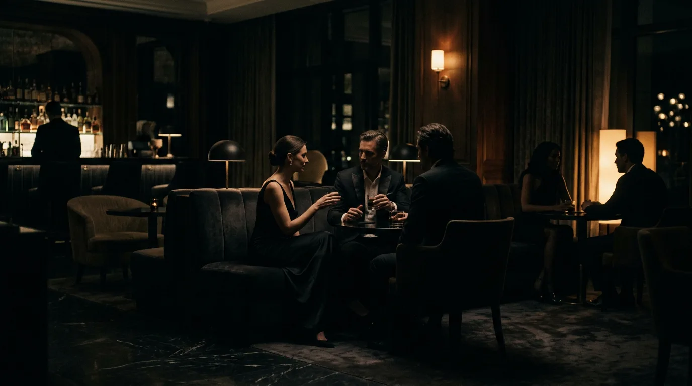 Silhouetted figures in a dimly lit, luxurious lounge, conveying discretion and privacy in a high-end setting.