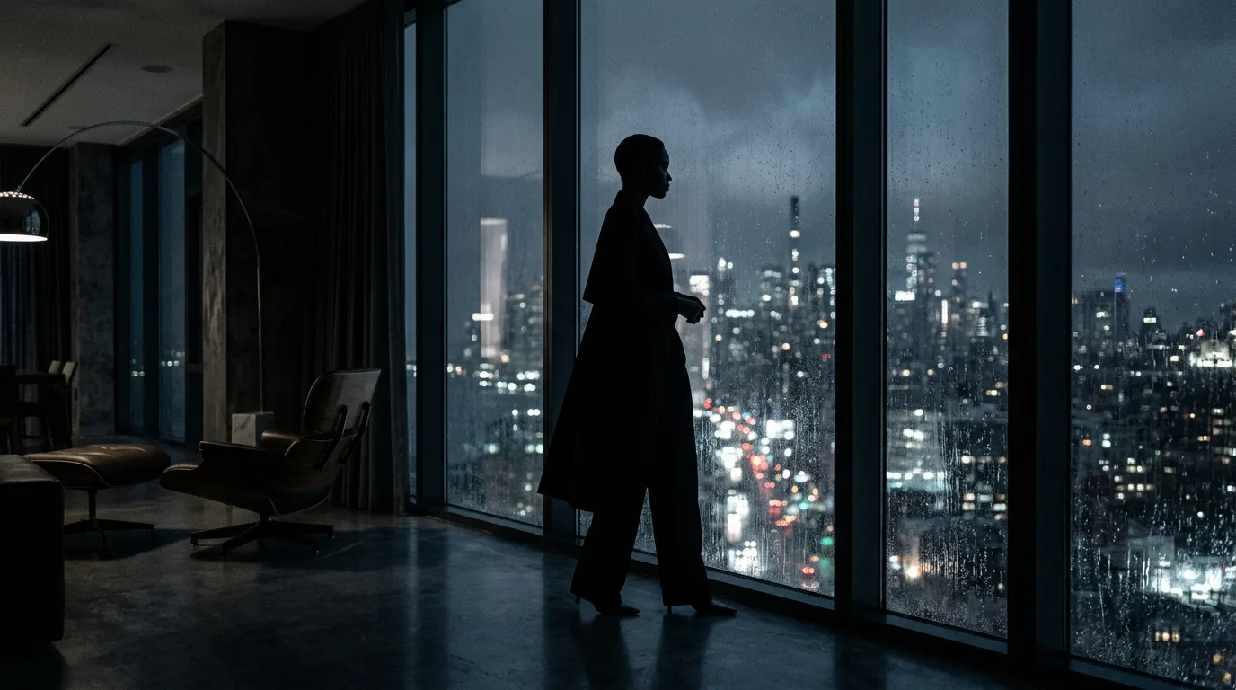 A silhouetted figure standing in a luxurious penthouse, looking out at a city, embodying discretion and solitude.