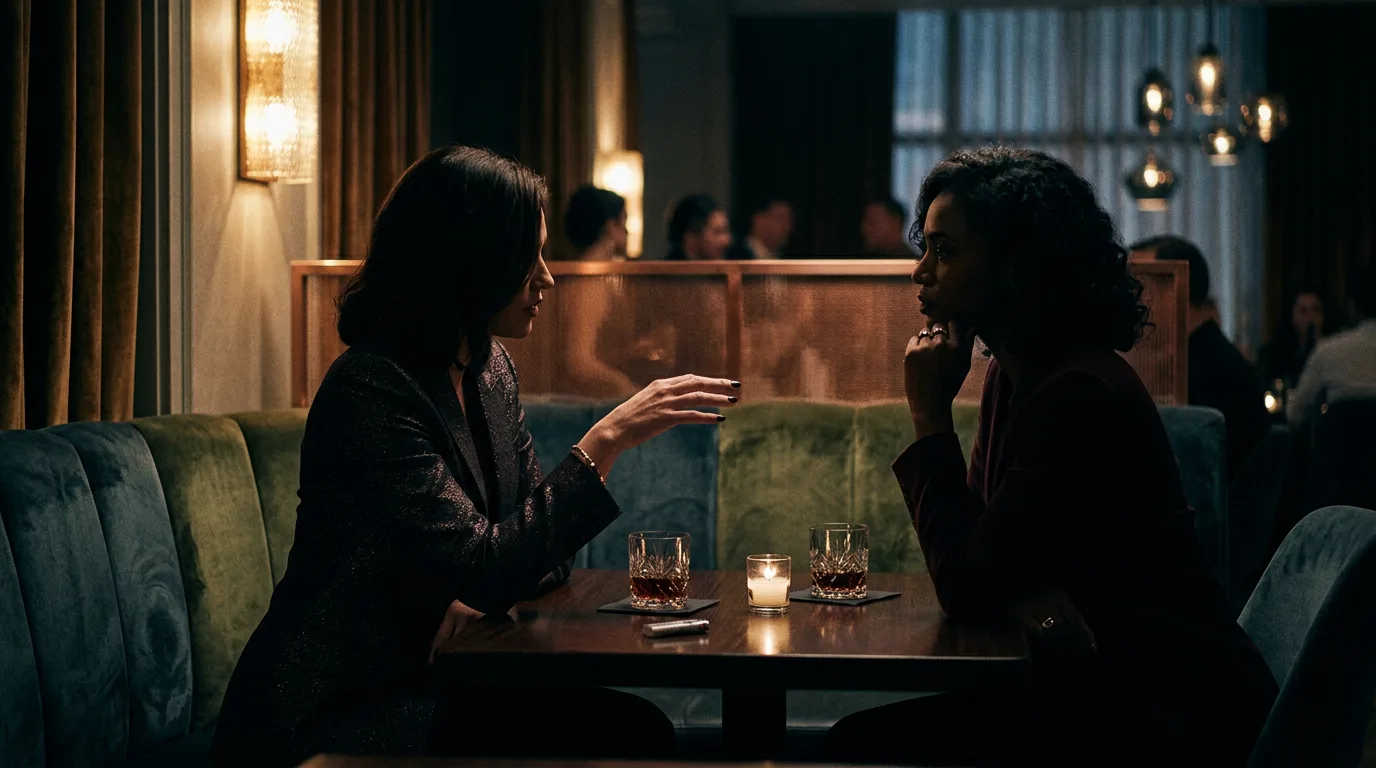 Two indistinct, elegant silhouettes in a luxurious, dimly lit private lounge, engaged in a confidential conversation, conveying ultimate discretion.
