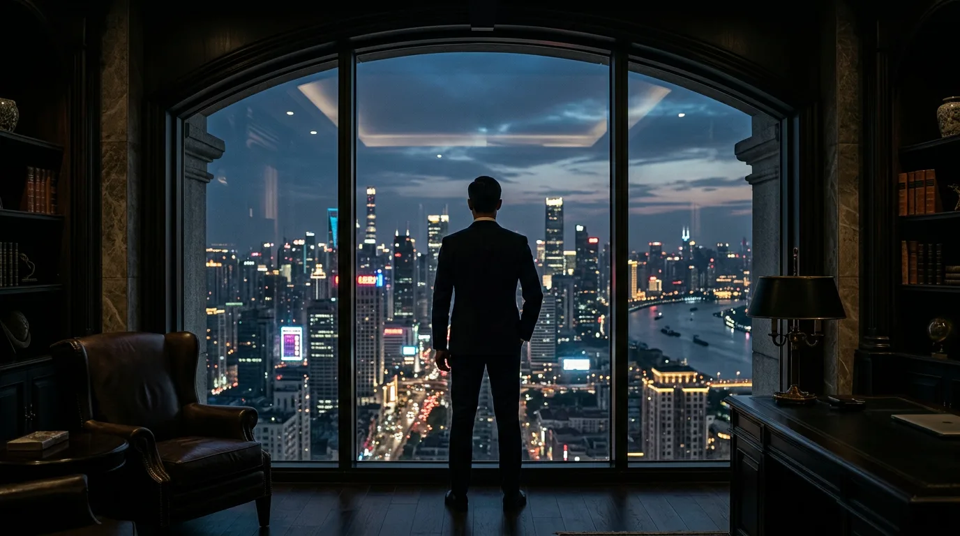 A silhouetted CEO stands by a large window, contemplating a city skyline at dusk, exuding power and refined thought in an opulent, dimly lit setting.
