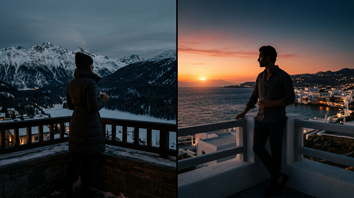 Dual image: a woman silhouetted against a snowy mountain landscape and a man silhouetted against a sunset over the Aegean Sea, evoking luxury travel dating.