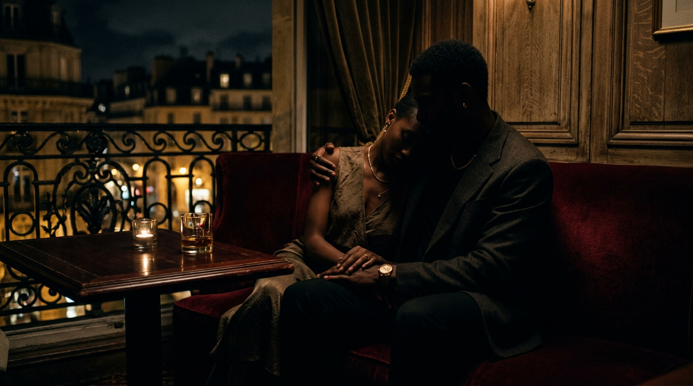 Two anonymous silhouettes in a softly lit, opulent private club setting, suggesting a discreet and intimate romantic encounter.