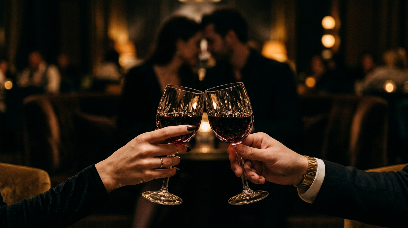 Two elegant hands gently clinking crystal wine glasses, with a softly blurred couple in the background, set in a luxurious, moody atmosphere.